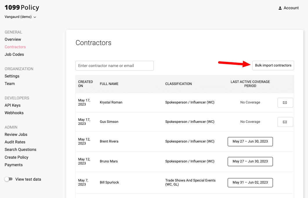 Screenshot of bulk upload button under the contractor tab of the 1099Policy dashboard