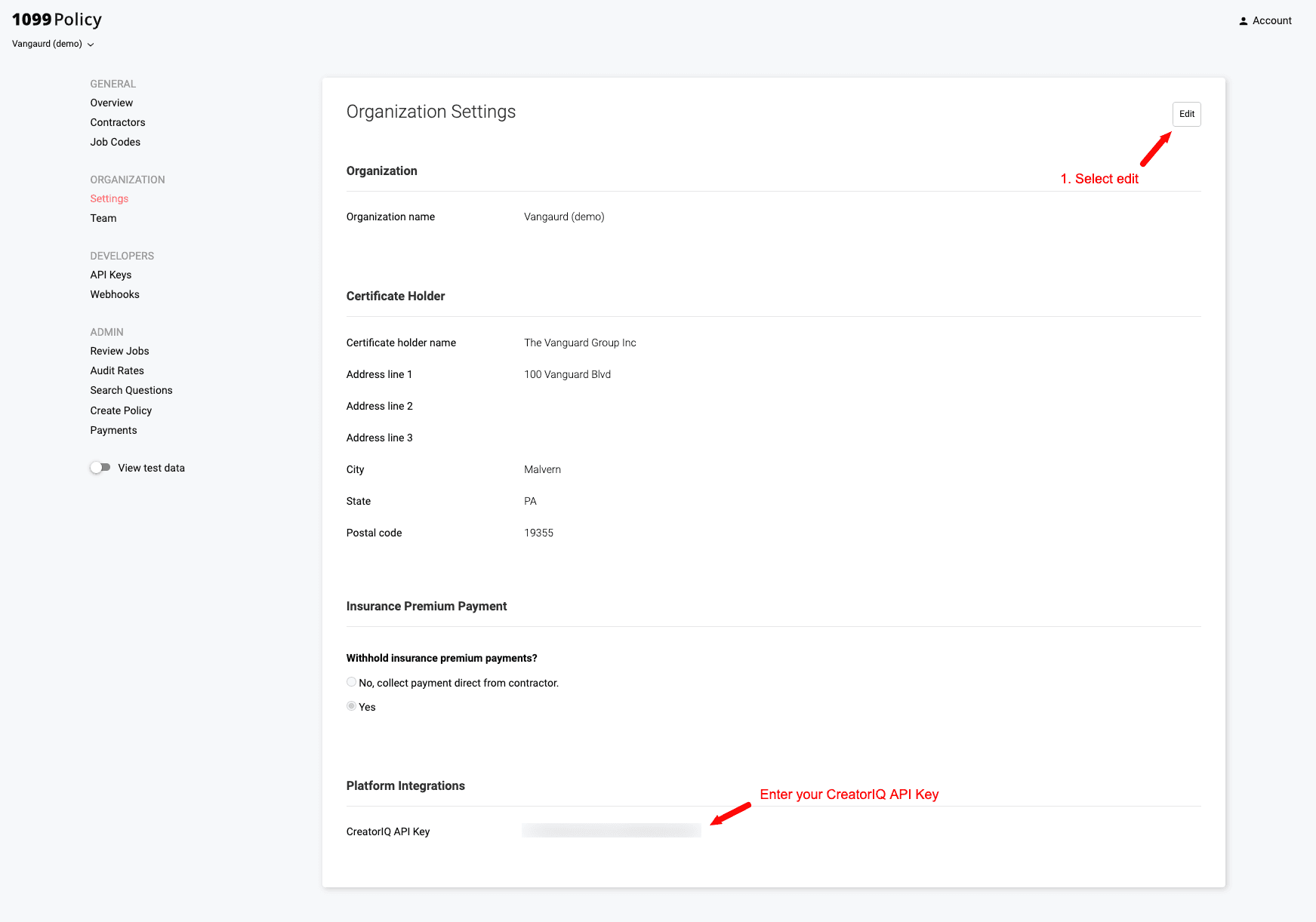 Screenshot of CIQ setup on 1099Policy dashboard