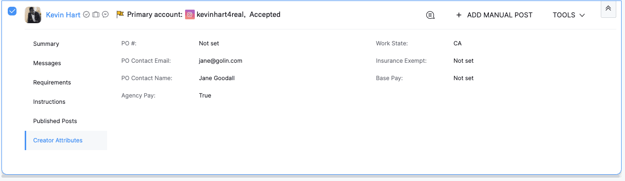 A screenshot of the creator attributes tab in CreatorIQ