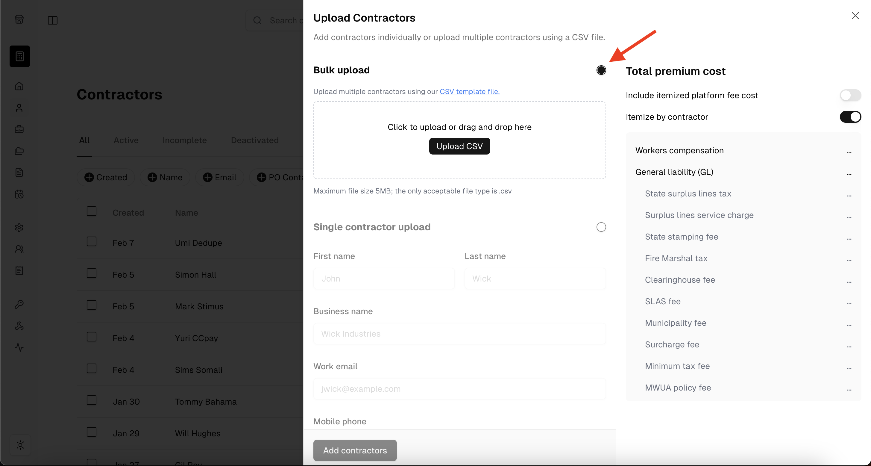 Screenshot of bulk upload button under the contractor tab of the 1099Policy dashboard
