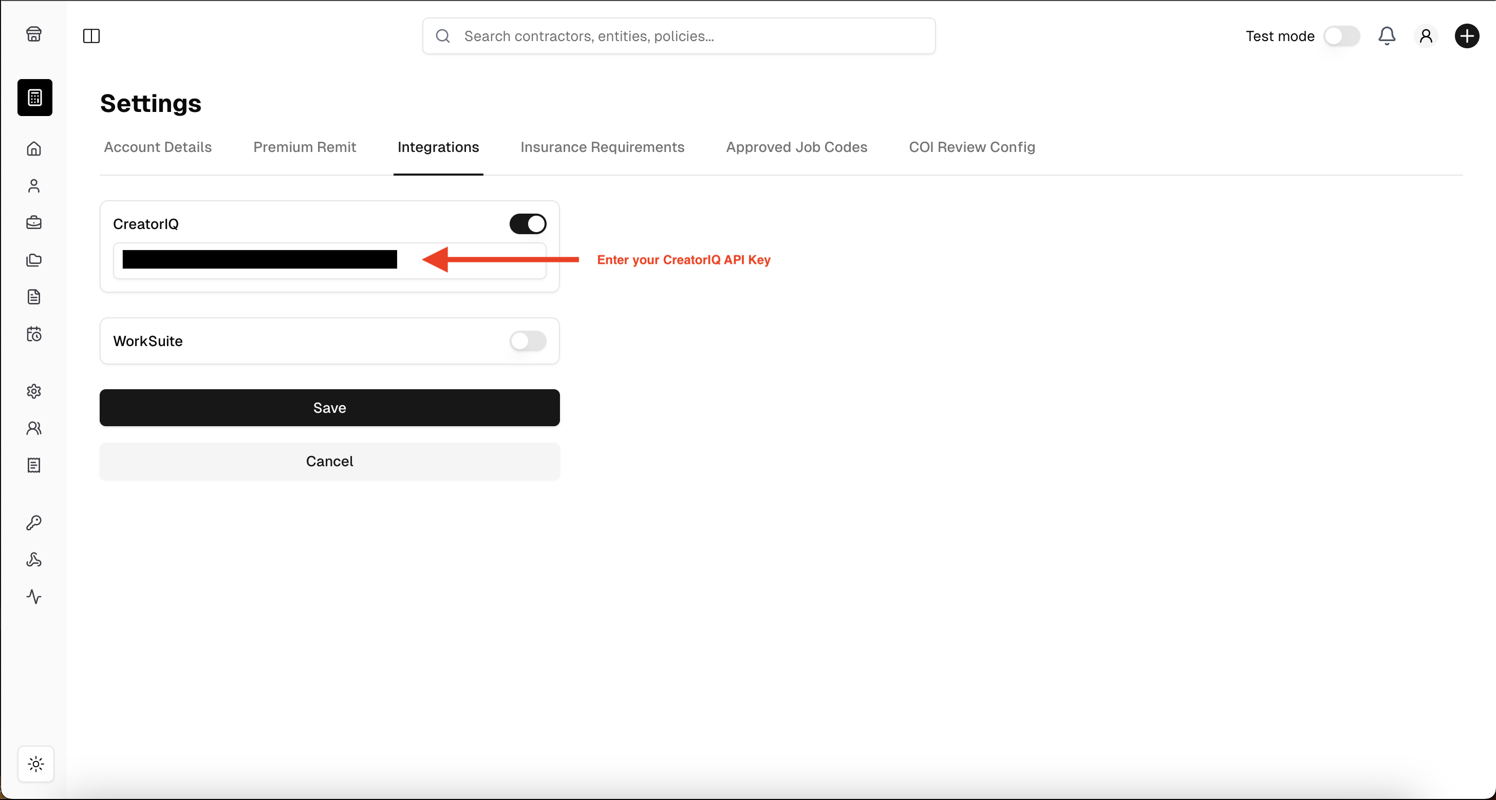 Screenshot of CIQ setup on 1099Policy dashboard